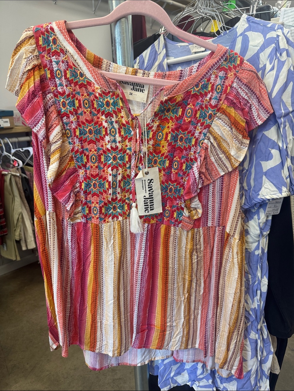 Savanna Jane Coral Pink & Yellow Embroidered Boho Top